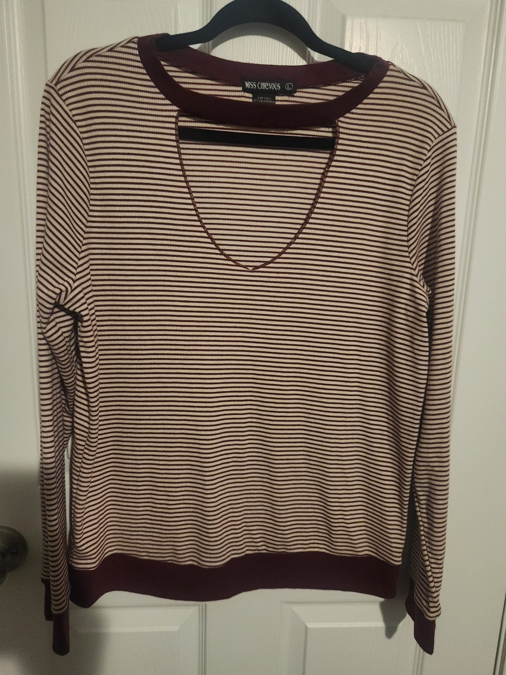 Miss Chievous Burgundy and Cream Striped Scoop-Neck Sweater